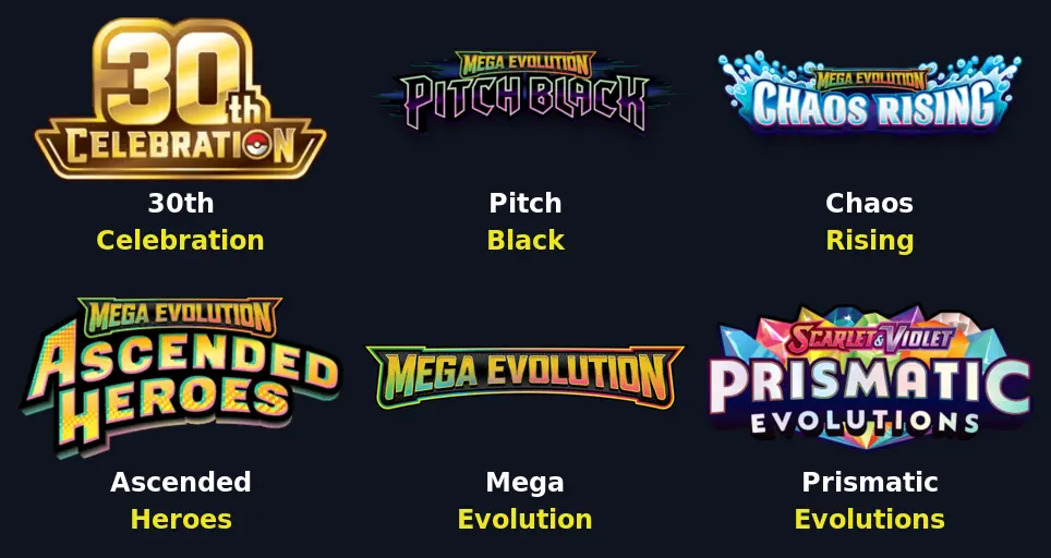 Logos of six recent Pokémon TCG sets