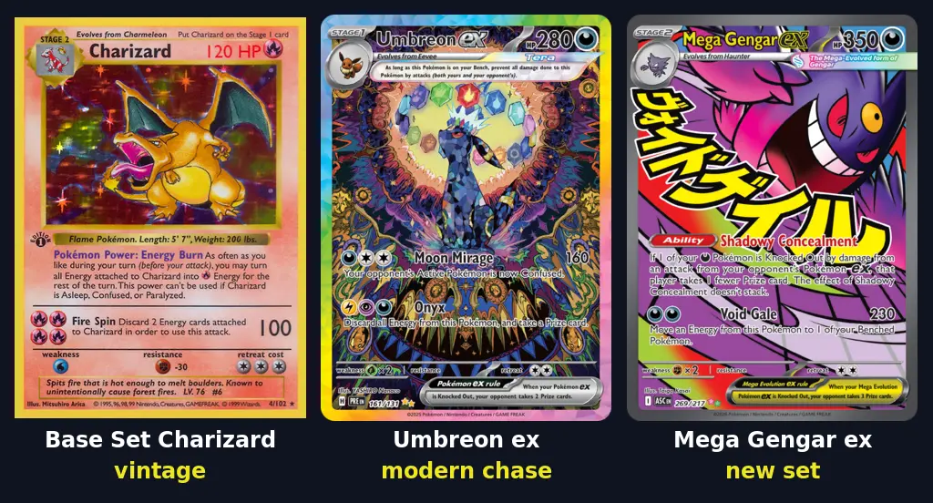 Base Set Charizard, Umbreon ex and Mega Gengar ex cards, three types of card worth checking